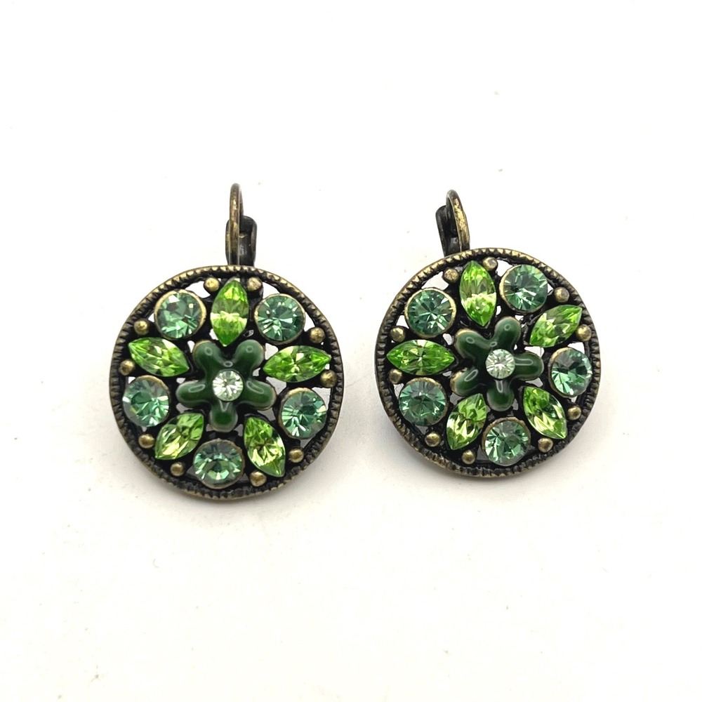 Vintage Antiqued Brass Green Rhinestone Floral Lever Back Drop Earrings